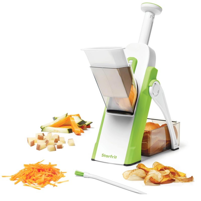 Starfrit Pump'n'Slice - Vertical Mandoline, Food Chopper, Slicer - Precision Adjustable Slicing, Julienne, Dicing - Safe Enclosed Blades, Fold for Storage - High Efficiency Spring Pump - Cleaning Tool - Image 1